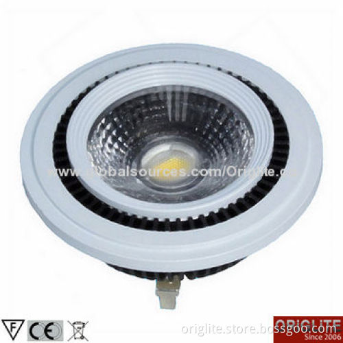 AR111 LED Spotlight, 85-245V AC/15W/85lm/W, Bridgelux Chip, COB LED, AR111 Base, A Lens, Al Heatsink